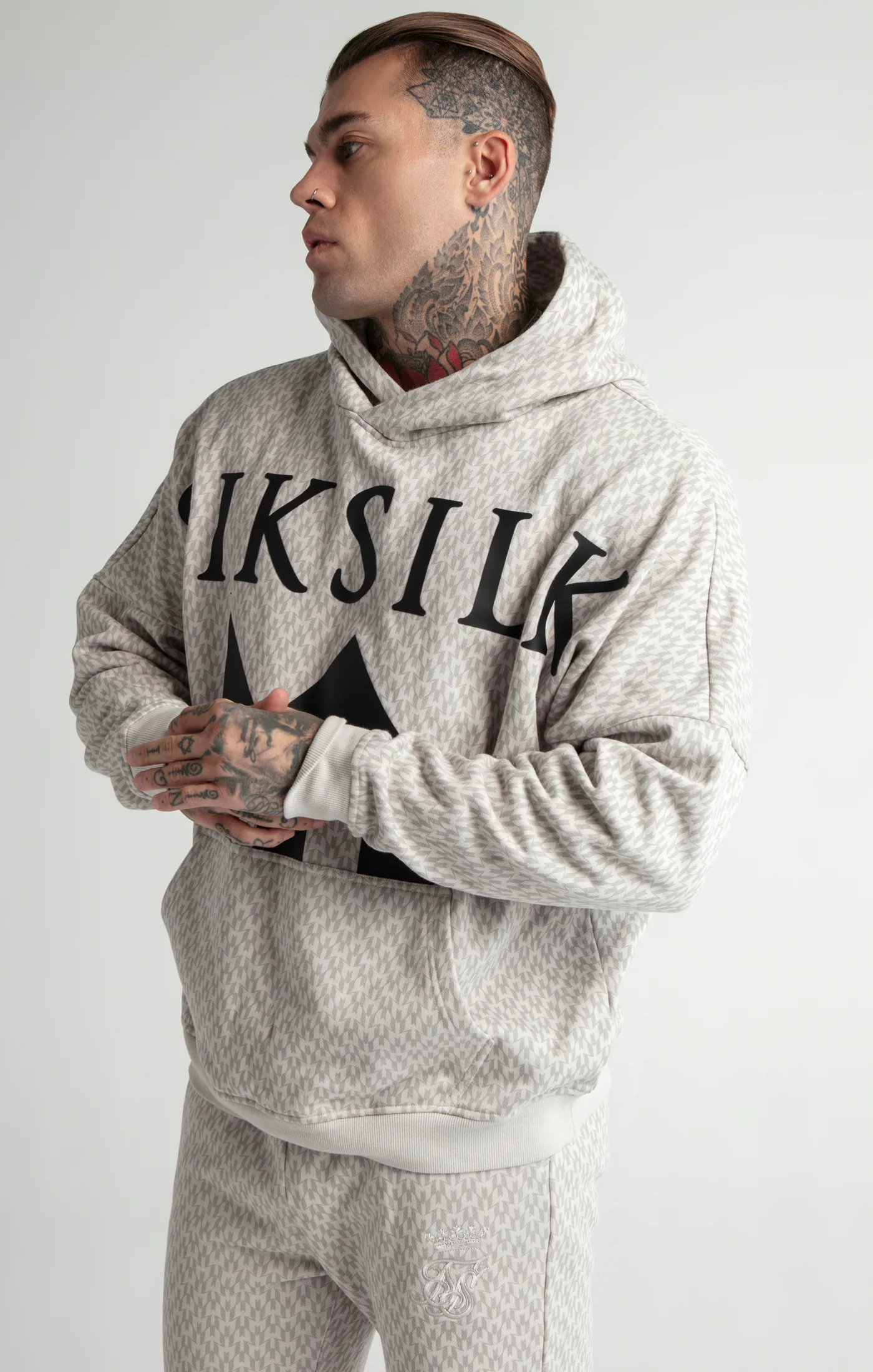 Messi x SikSilk Grey Monogram Print Oversized Hoodie