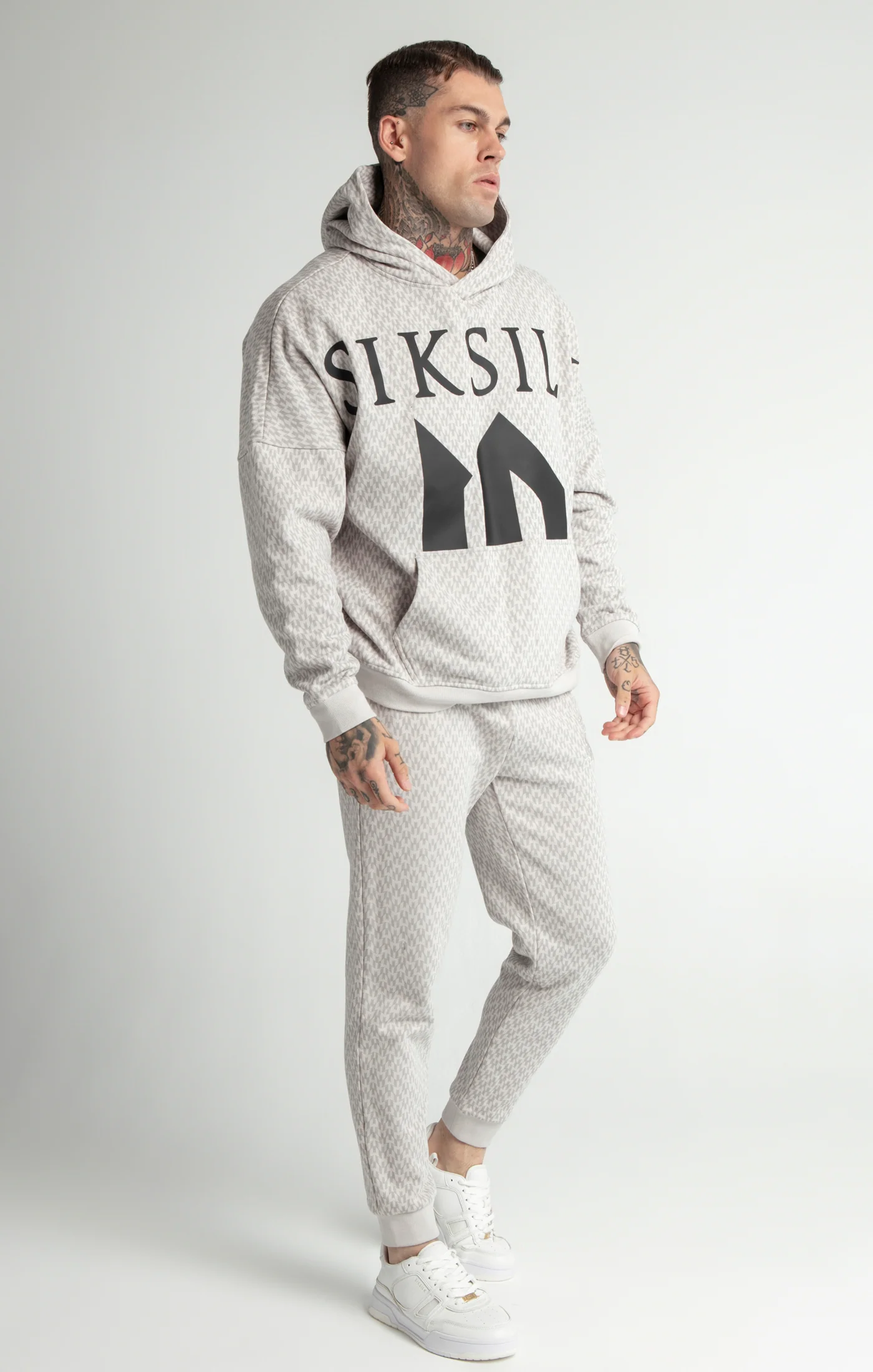Messi x SikSilk Grey Monogram Print Oversized Hoodie - Image 3