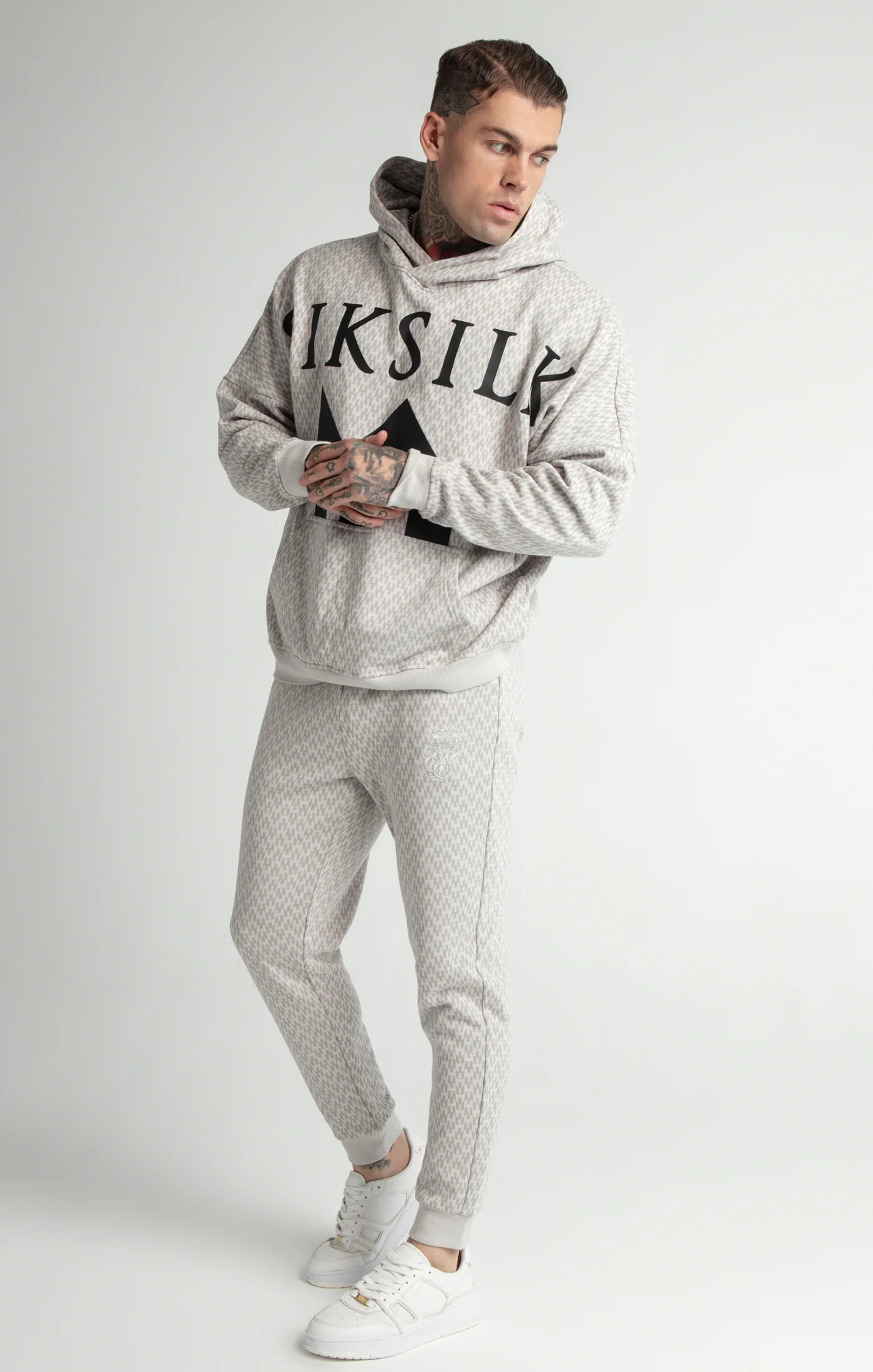 Messi x SikSilk Grey Monogram Print Oversized Hoodie - Image 4