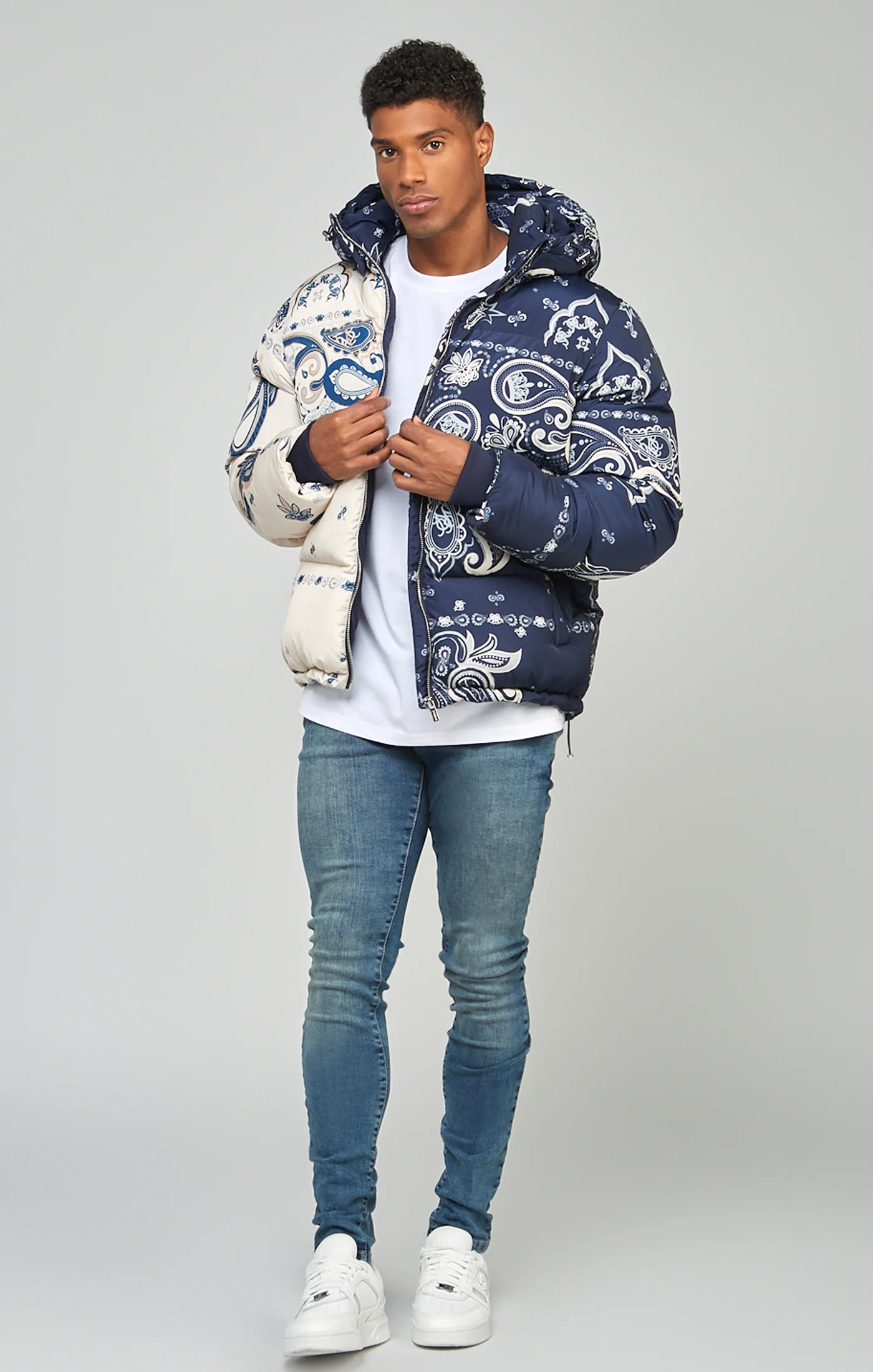 Navy Cut & Sew Paisley Puffa Jacket - Image 3