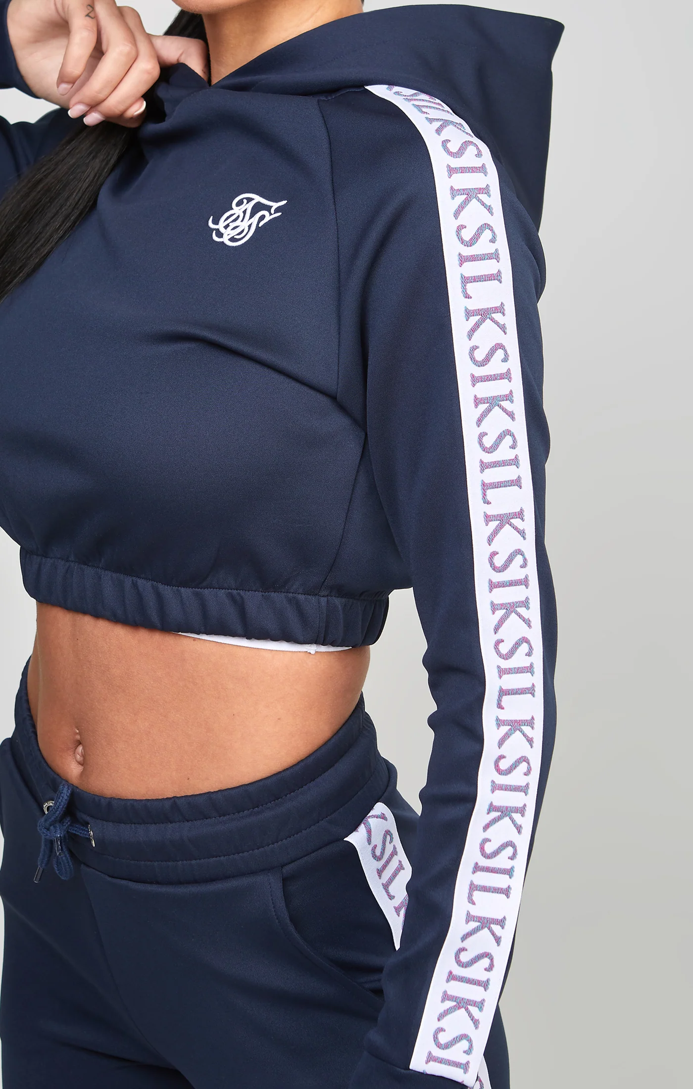 Navy Medley Tape Crop Hoodie - Image 2