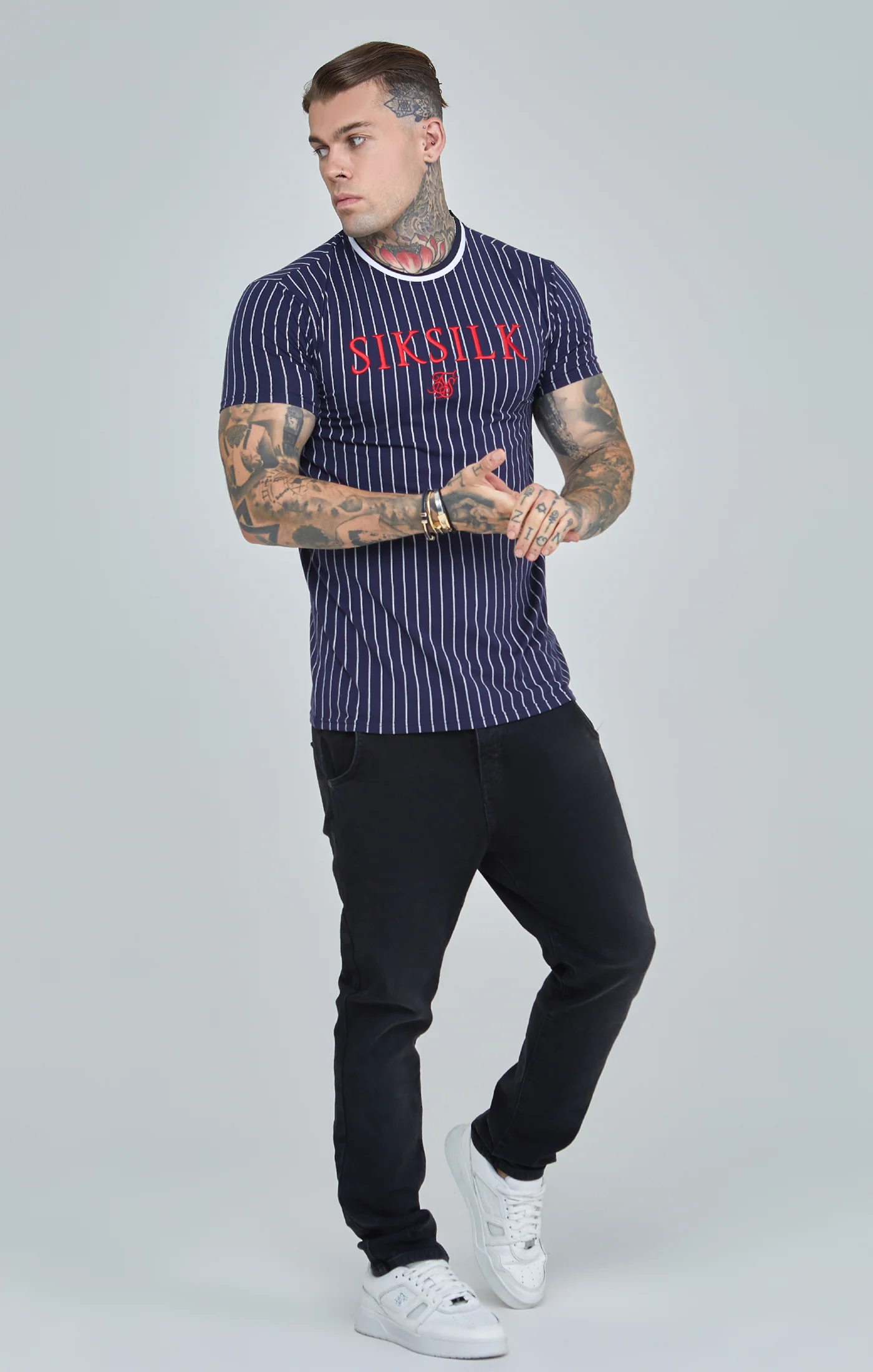 Navy Pinstiripe Muscle Fit T-Shirt - Image 2