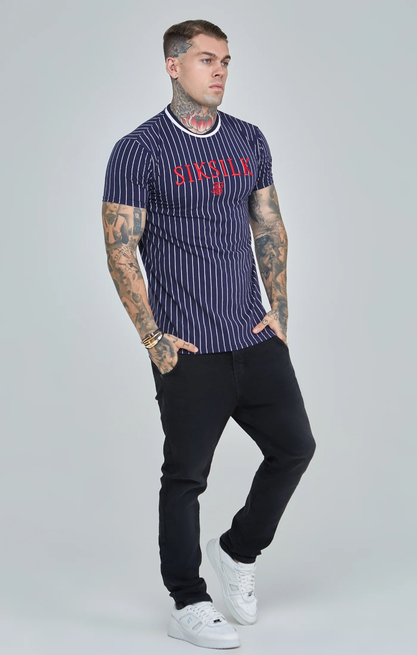 Navy Pinstiripe Muscle Fit T-Shirt - Image 4