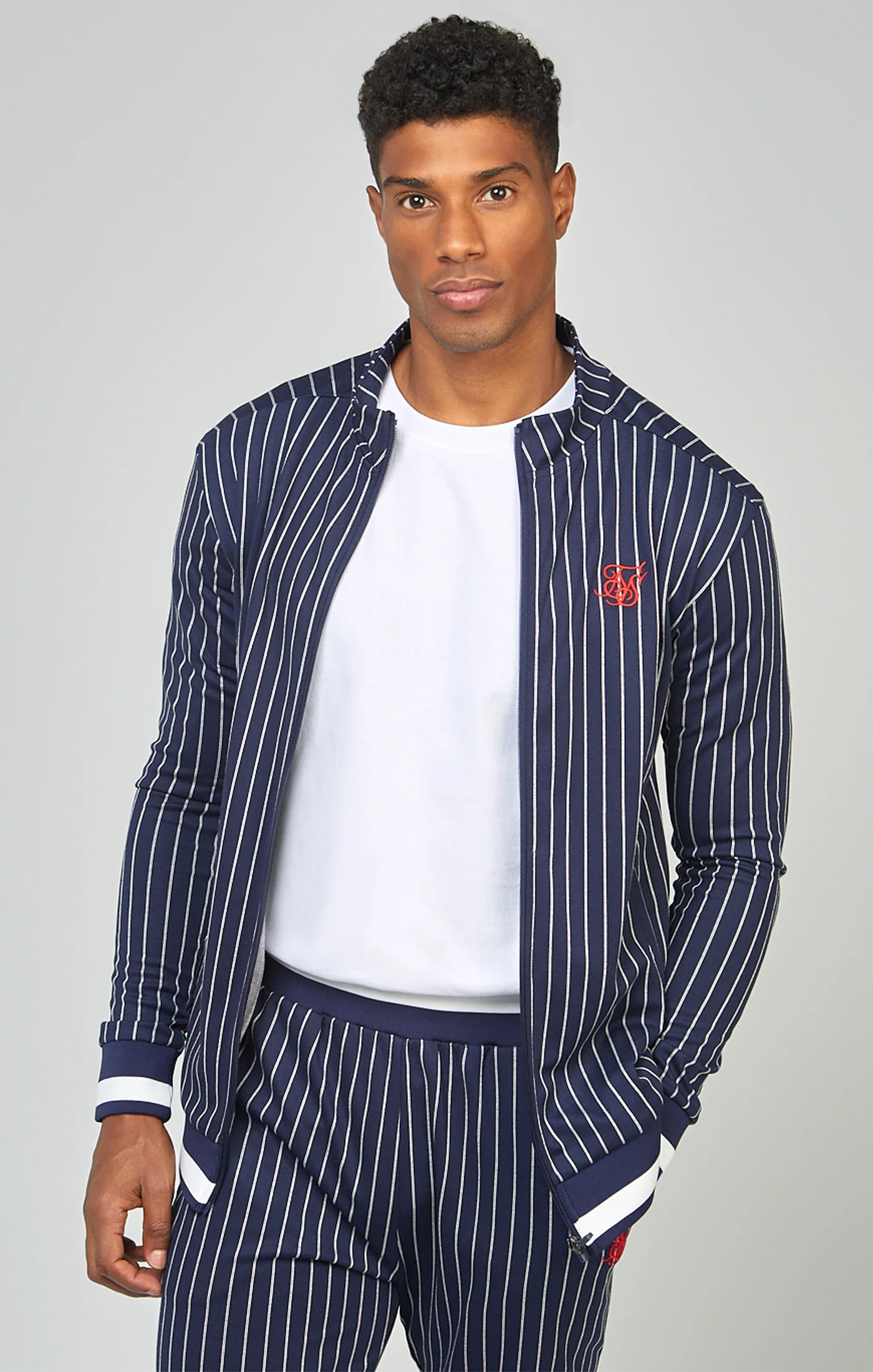 Navy Pinstripe Zip Through Funnel Neck Track Tp - Image 4