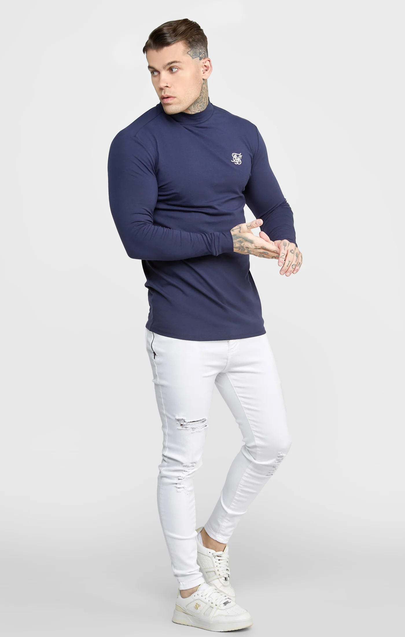 Navy Twin Pack Long Sleeve High Neck Muscle Fit T-Shirt - Image 4