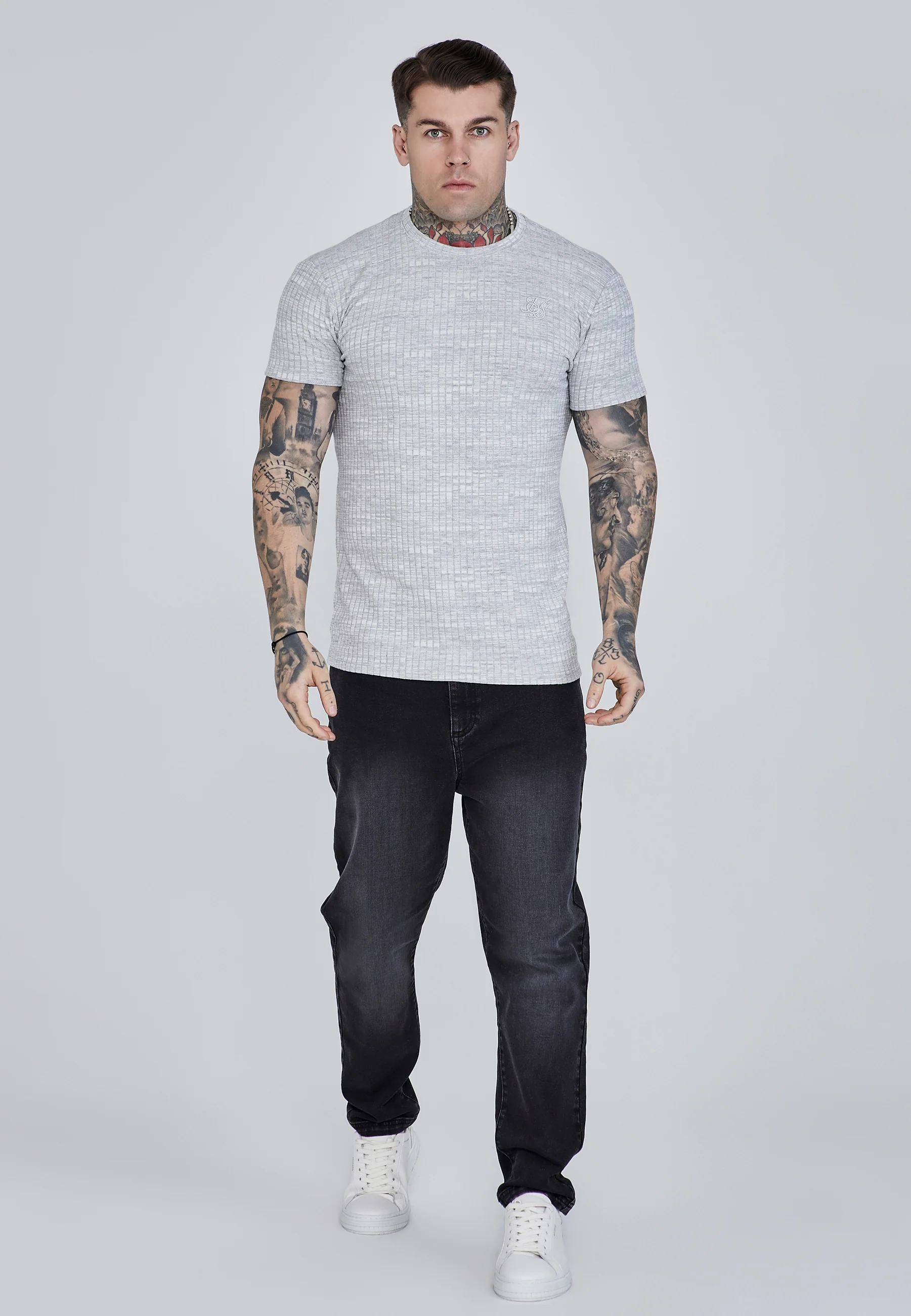 Light Grey Rib Knit T-Shirt - Image 2
