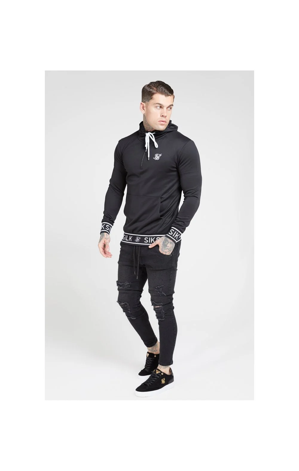 SikSilk 1/4 Zip Branded Rib Hoodie - Black - Image 4