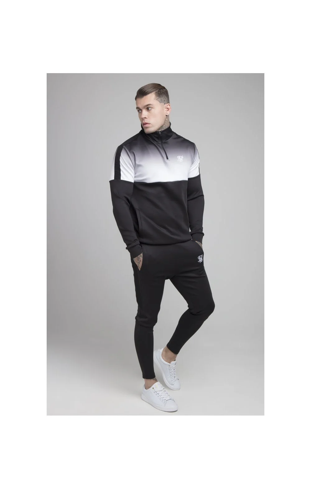 SikSilk 1/4 Zip Fade Track Top - Black & White - Image 3