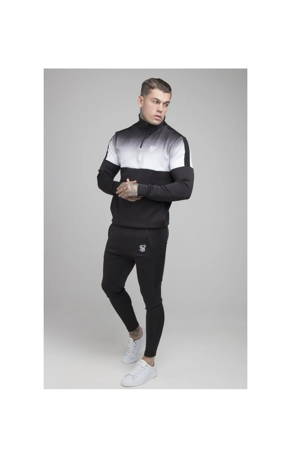 SikSilk 1/4 Zip Fade Track Top - Black & White - Image 5