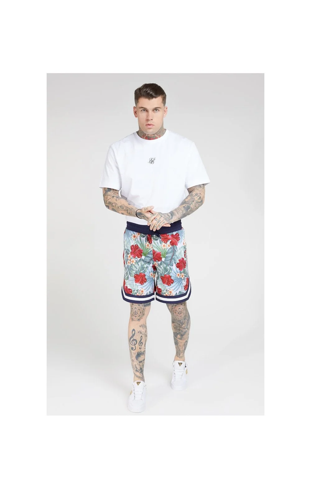 SikSilk 70's Floral Basketball Shorts - Navy & White - Image 2