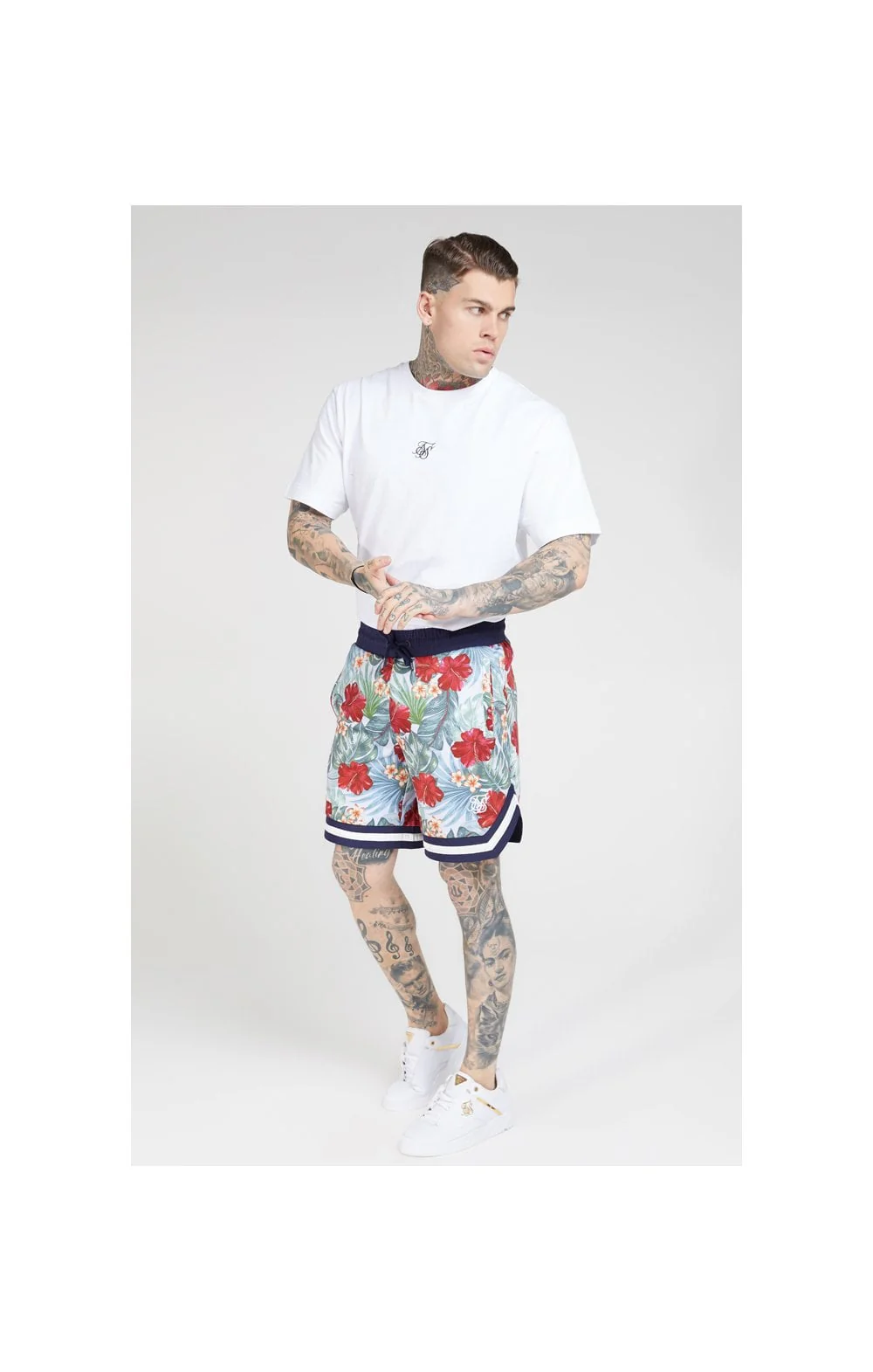 SikSilk 70's Floral Basketball Shorts - Navy & White - Image 3