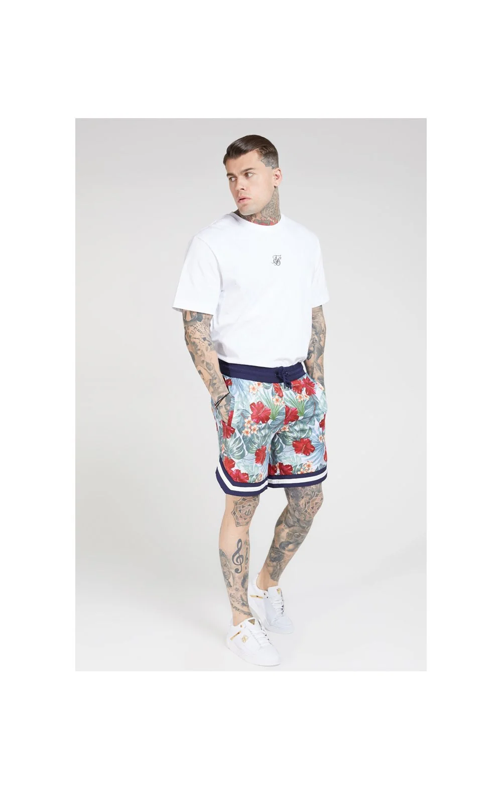SikSilk 70's Floral Basketball Shorts - Navy & White - Image 4