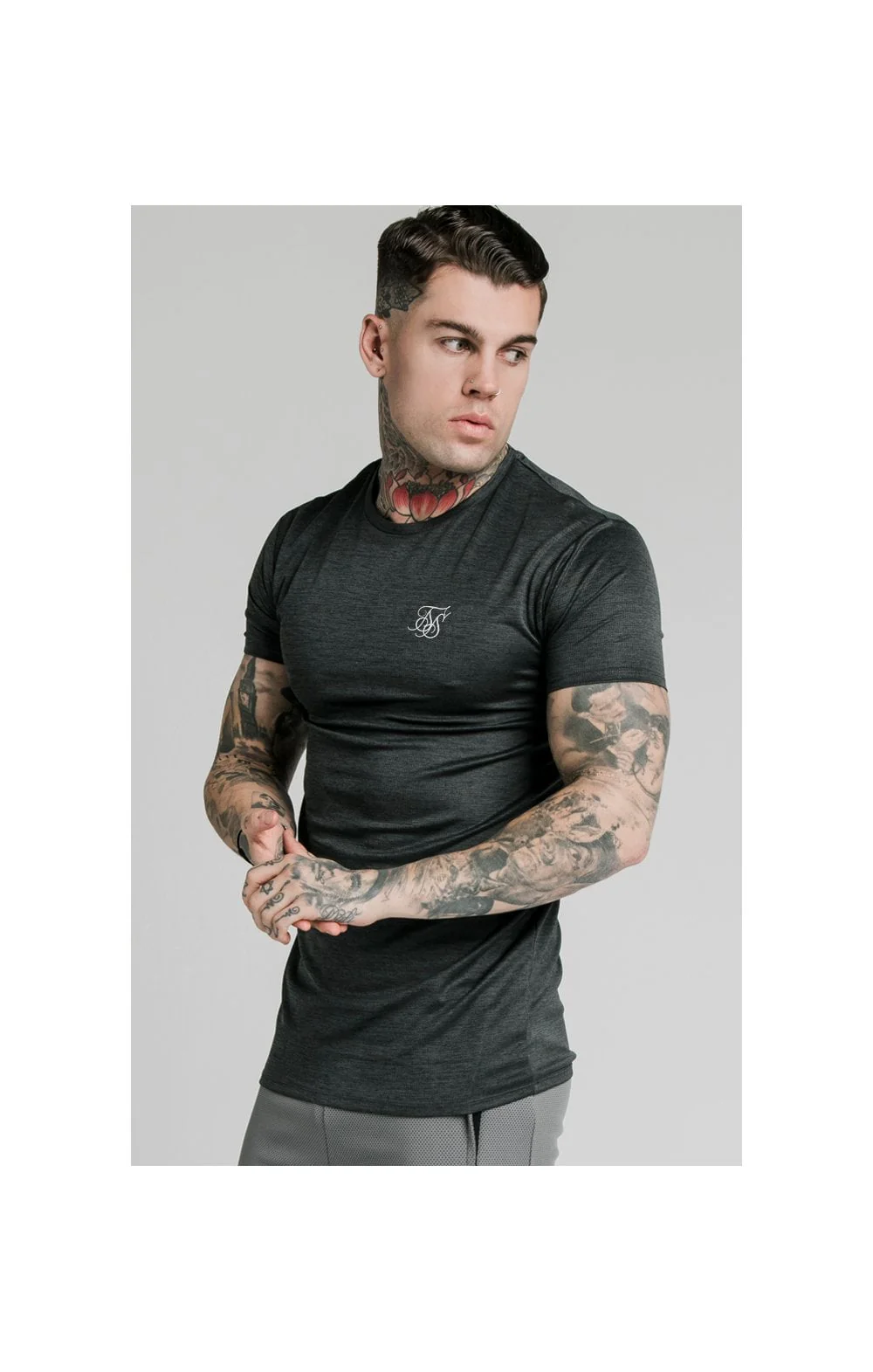SikSilk Active Straight Hem Gym Tee - Charcoal Marl