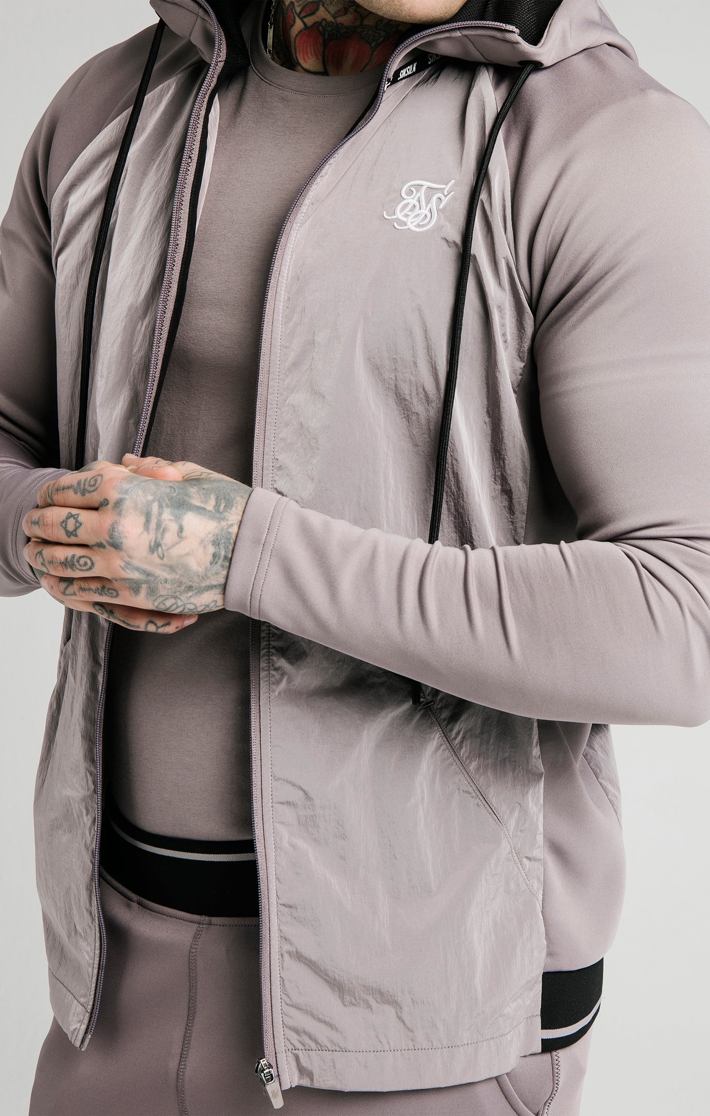 SikSilk Adapt Crushed Nylon Zip Through Hoodie - Grey - Image 2