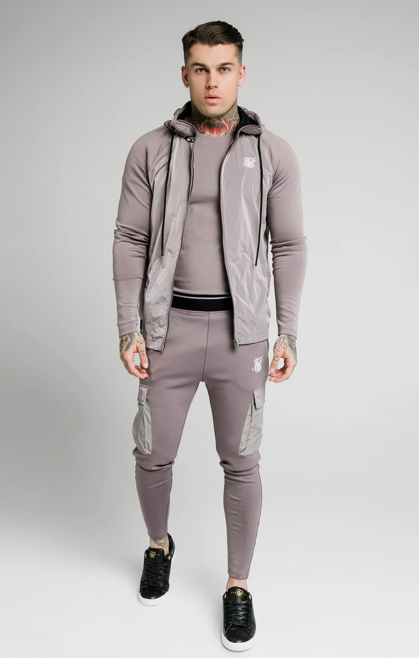 SikSilk Adapt Crushed Nylon Zip Through Hoodie - Grey - Image 3