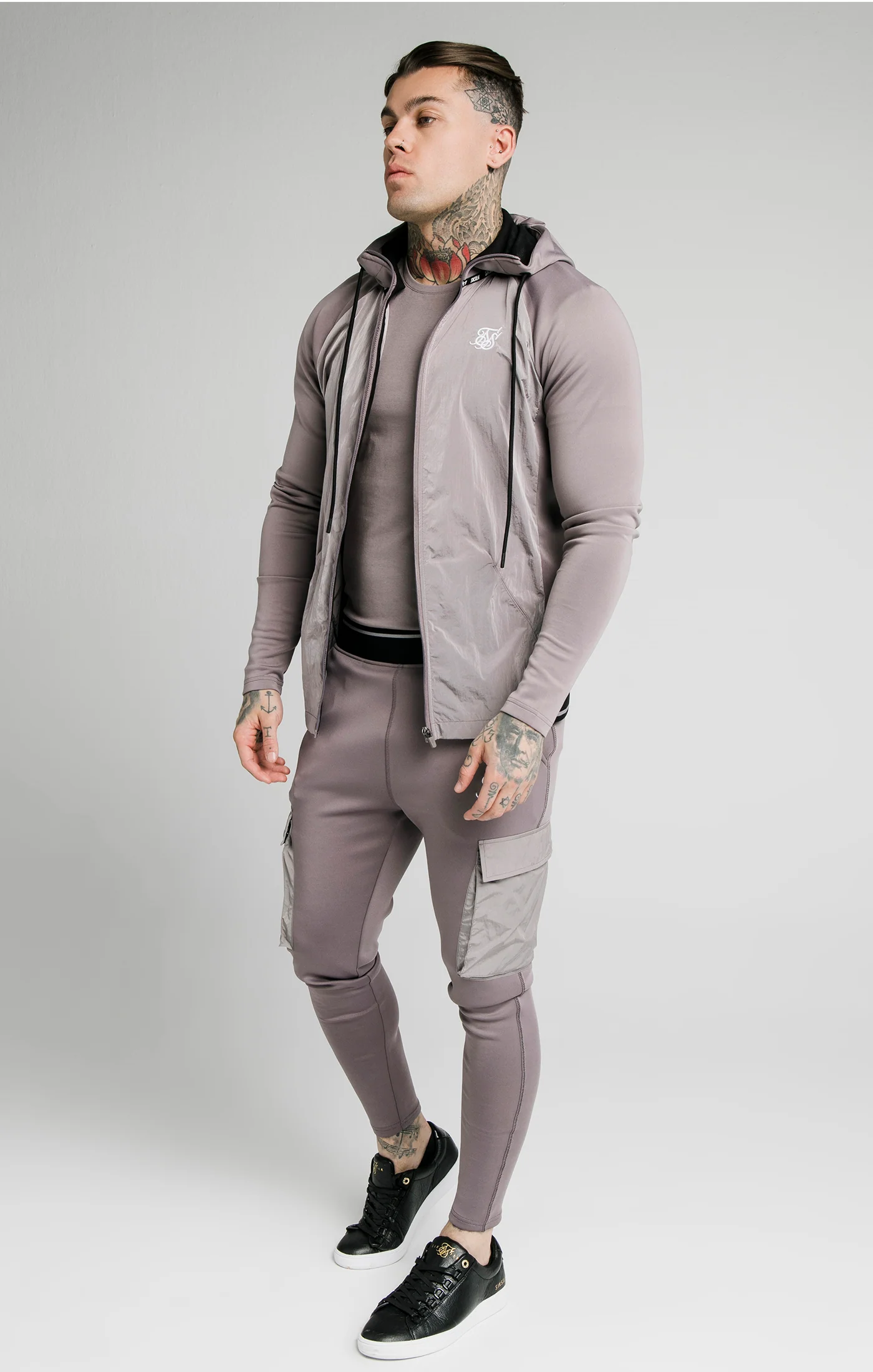 SikSilk Adapt Crushed Nylon Zip Through Hoodie - Grey - Image 4