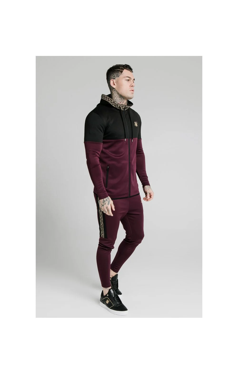SikSilk Agility Cartel Cut & Sew Zip Through Hoodie - Black & Burgundy - Image 3