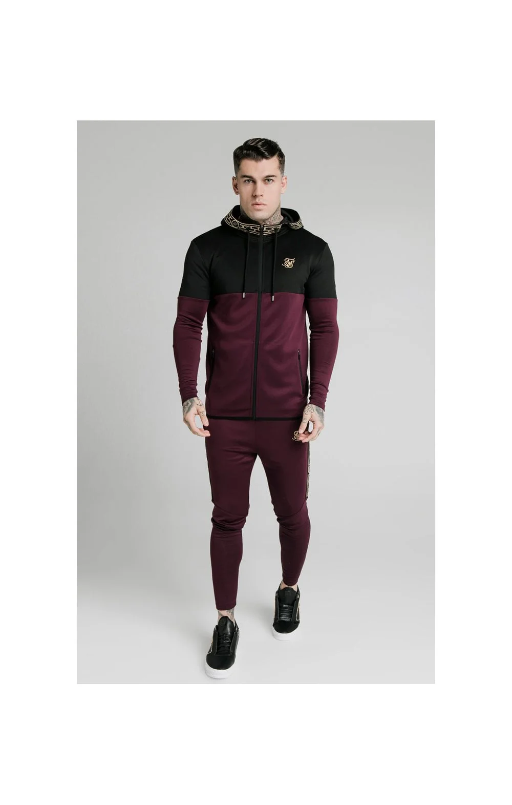 SikSilk Agility Cartel Cut & Sew Zip Through Hoodie - Black & Burgundy - Image 4