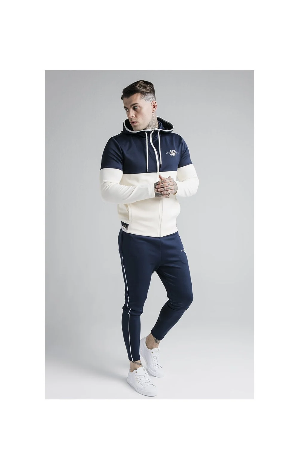 SikSilk Agility Deluxe Zip Through Hoodie - Navy & Off White - Image 3