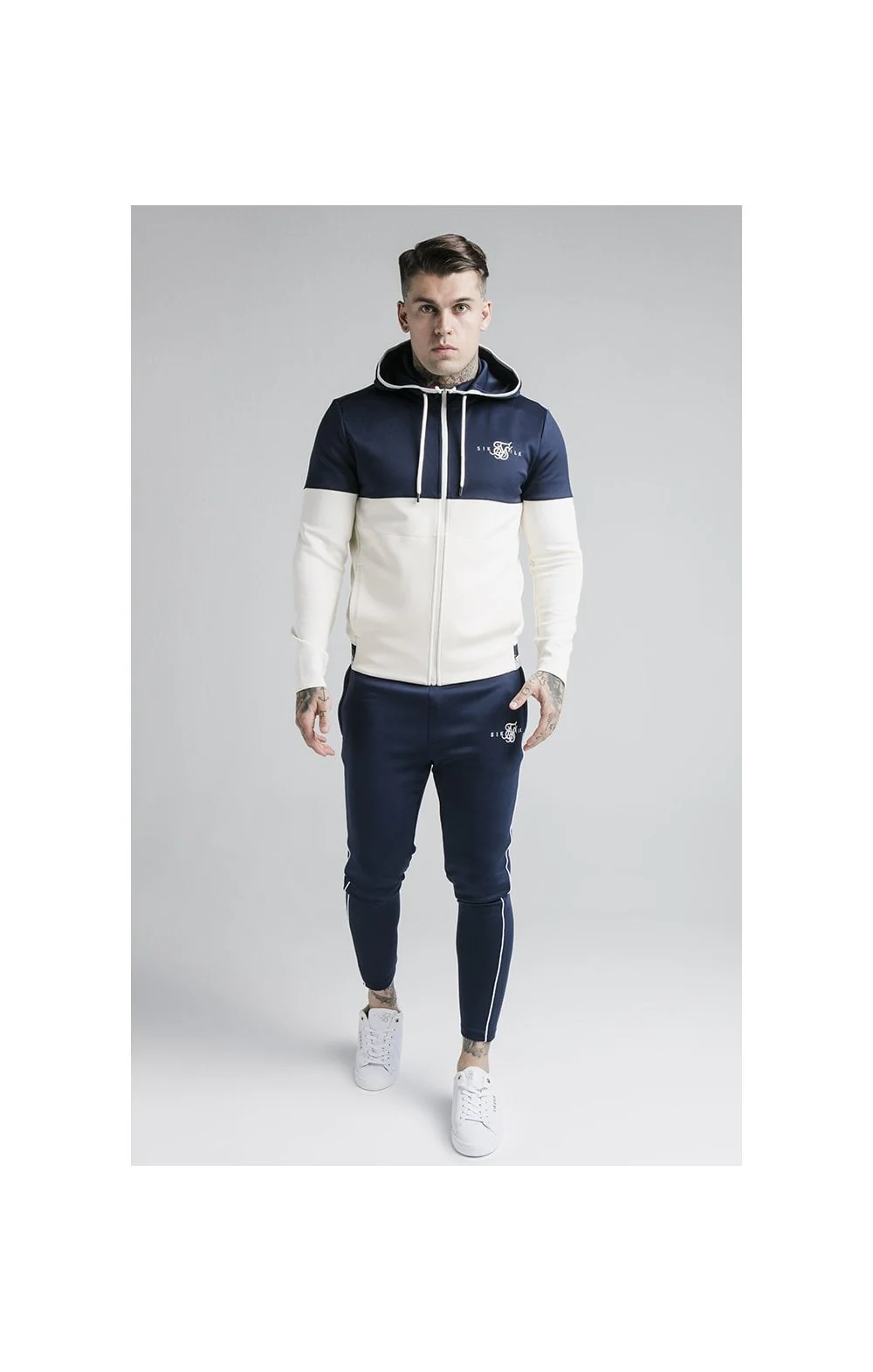 SikSilk Agility Deluxe Zip Through Hoodie - Navy & Off White - Image 4