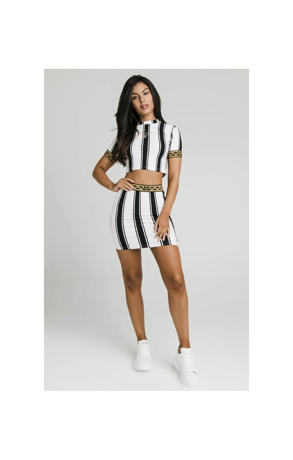 SikSilk Athena Stripe Box Fit Crop Tee - Black & White - Image 4