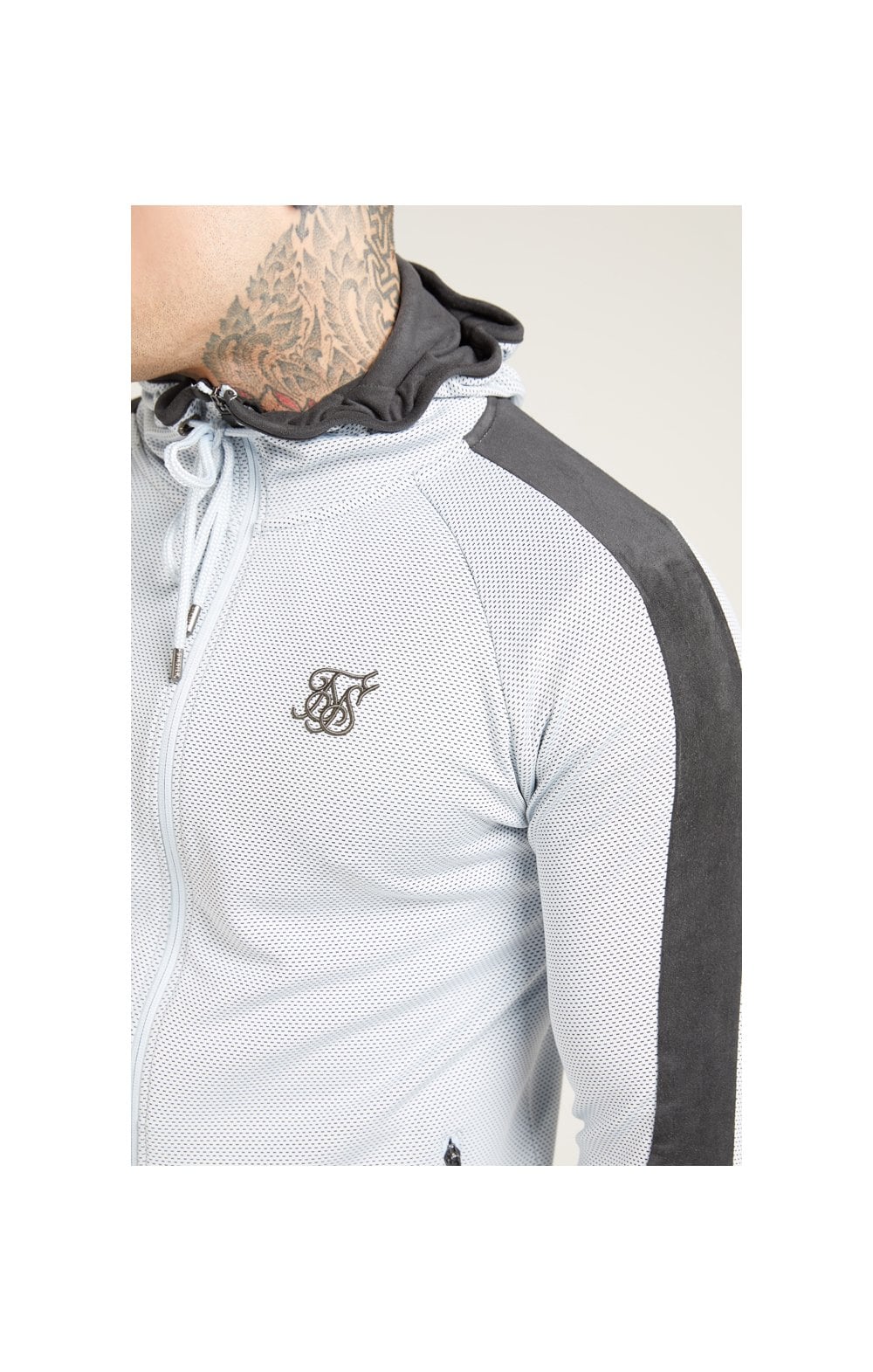 SikSilk Athlete Eyelet Zip Through Hoodie – Ice Grey & Charcoal - Image 2