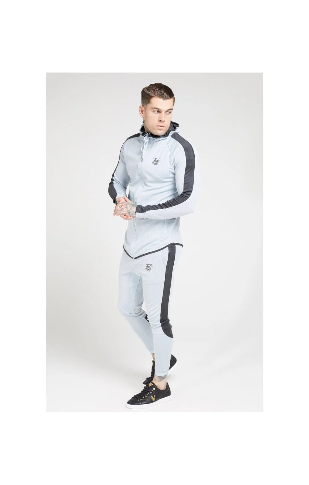 SikSilk Athlete Eyelet Zip Through Hoodie – Ice Grey & Charcoal - Image 4
