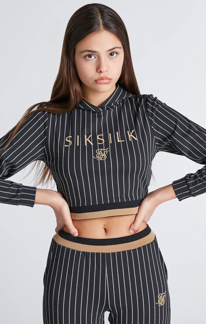 Girls Black Baseball Stripe Cropped Hoodie - Image 2