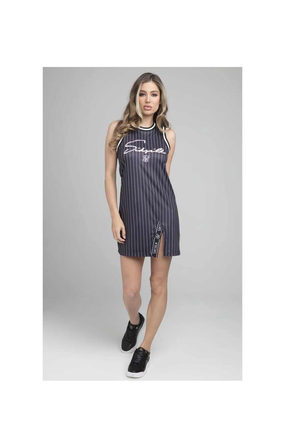 SikSilk Baseball Stripe Slit Dress - Black & White - Image 5