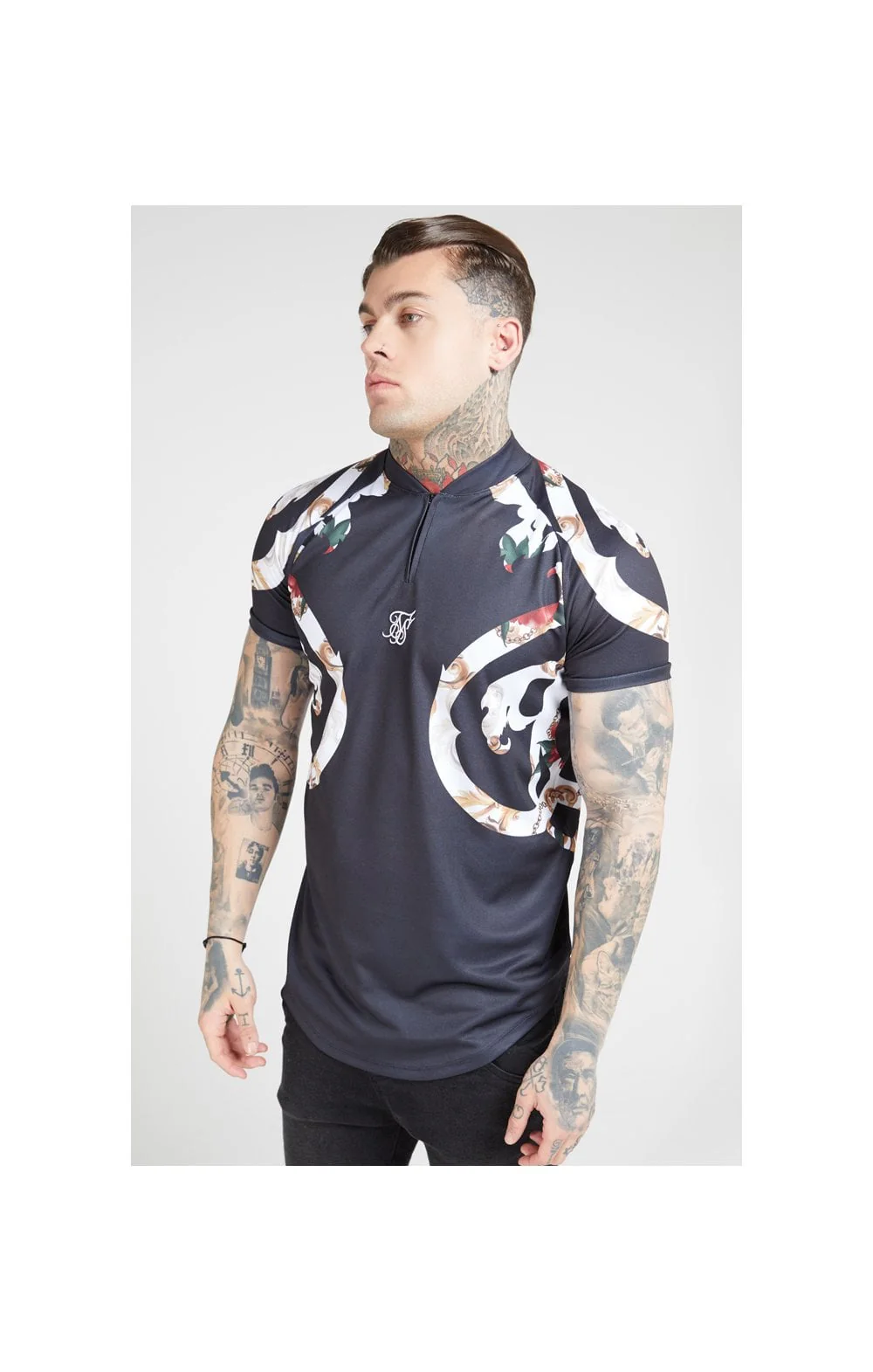 SikSilk Baseball Tee – Jet Black & Floral Elegance