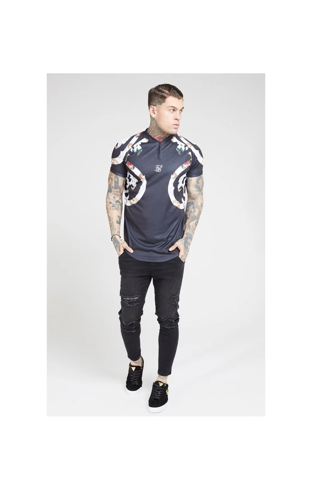SikSilk Baseball Tee – Jet Black & Floral Elegance - Image 3