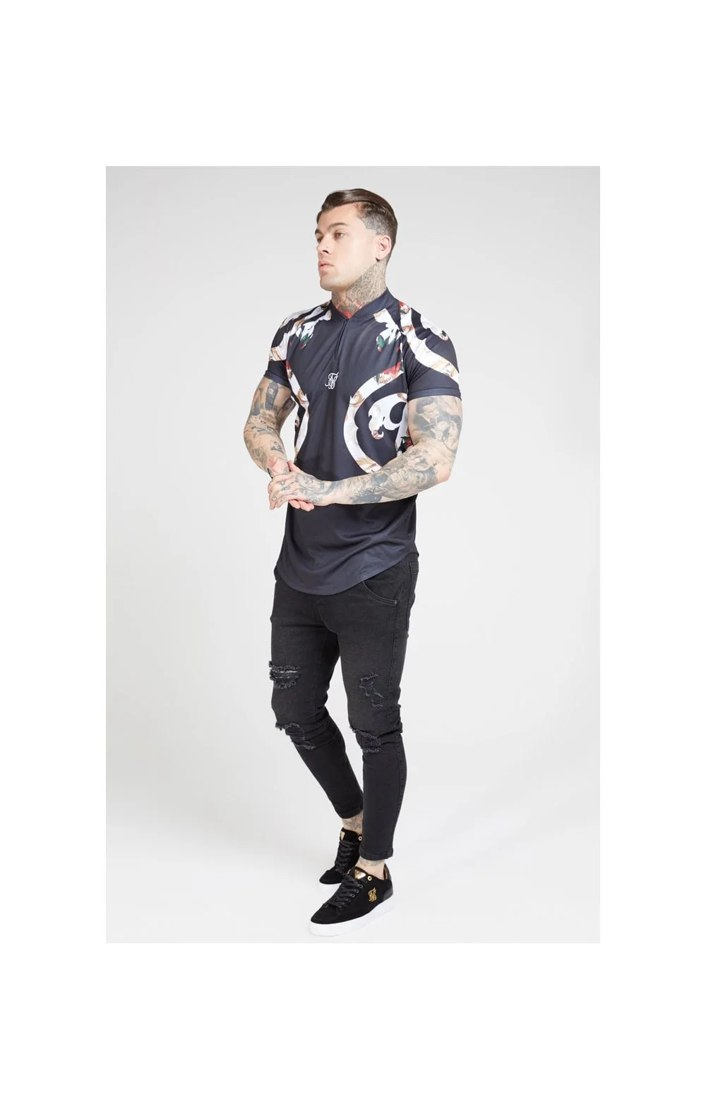 SikSilk Baseball Tee – Jet Black & Floral Elegance - Image 4