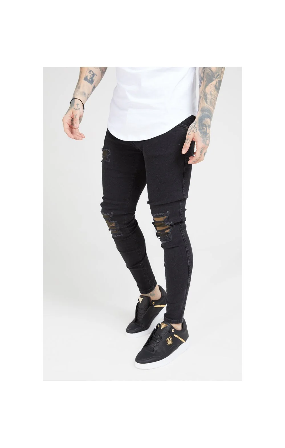 SikSilk Burst Knee Low Rise Denims - Washed Black & Camo