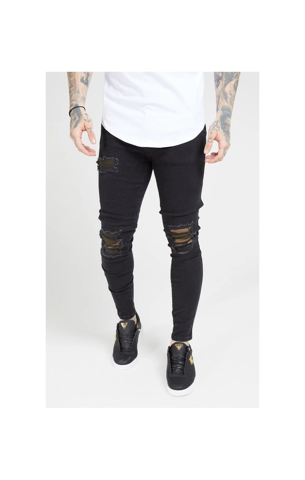 SikSilk Burst Knee Low Rise Denims - Washed Black & Camo - Image 2