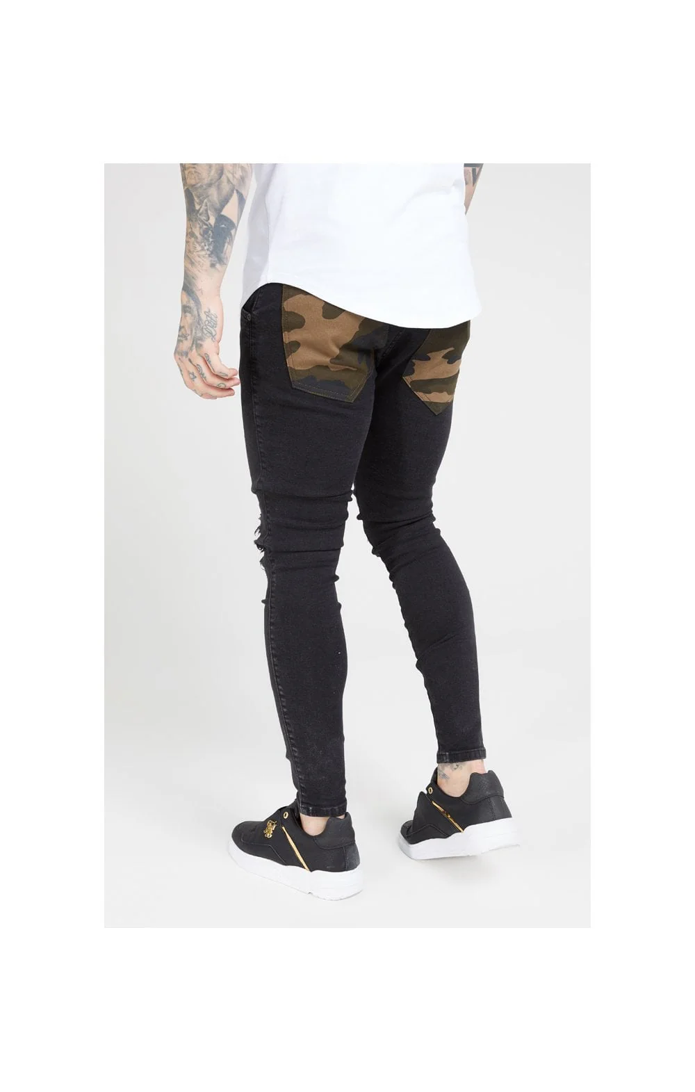 SikSilk Burst Knee Low Rise Denims - Washed Black & Camo - Image 3