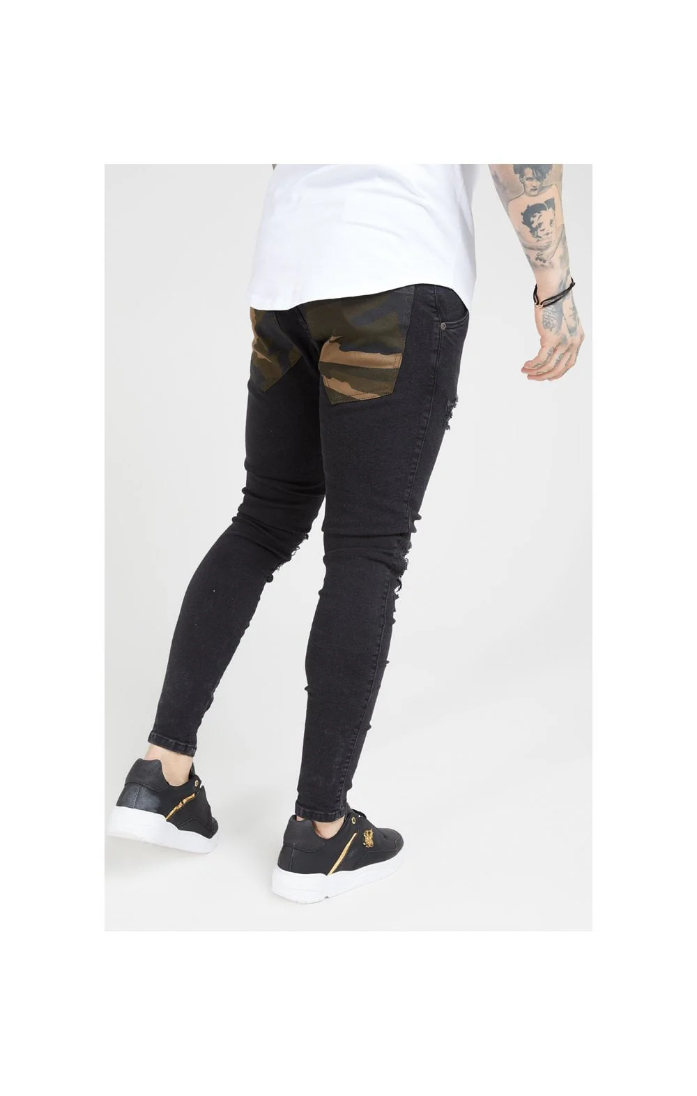SikSilk Burst Knee Low Rise Denims - Washed Black & Camo - Image 4