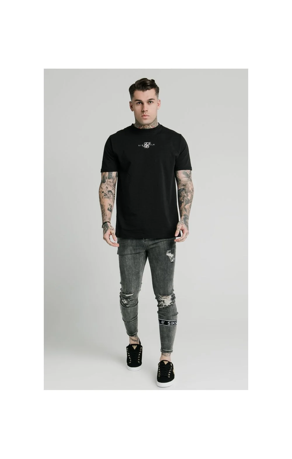SikSilk Burst Knee Tape Jeans - Washed Black - Image 2