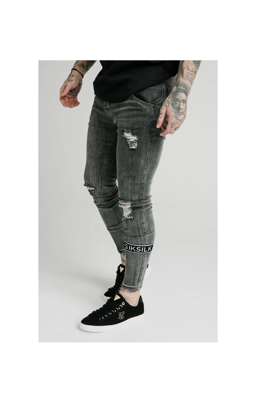 SikSilk Burst Knee Tape Jeans - Washed Black - Image 3
