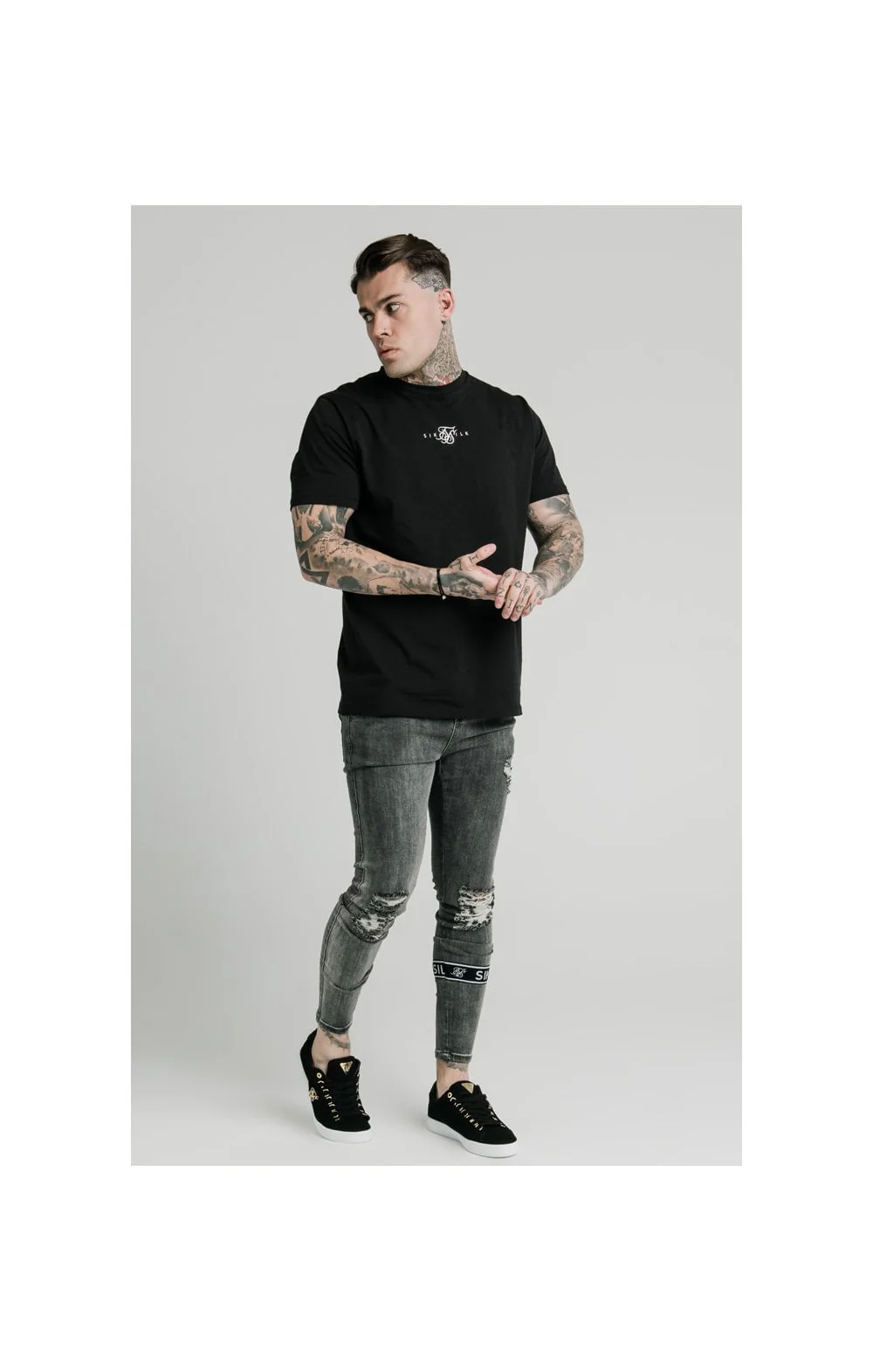 SikSilk Burst Knee Tape Jeans - Washed Black - Image 4