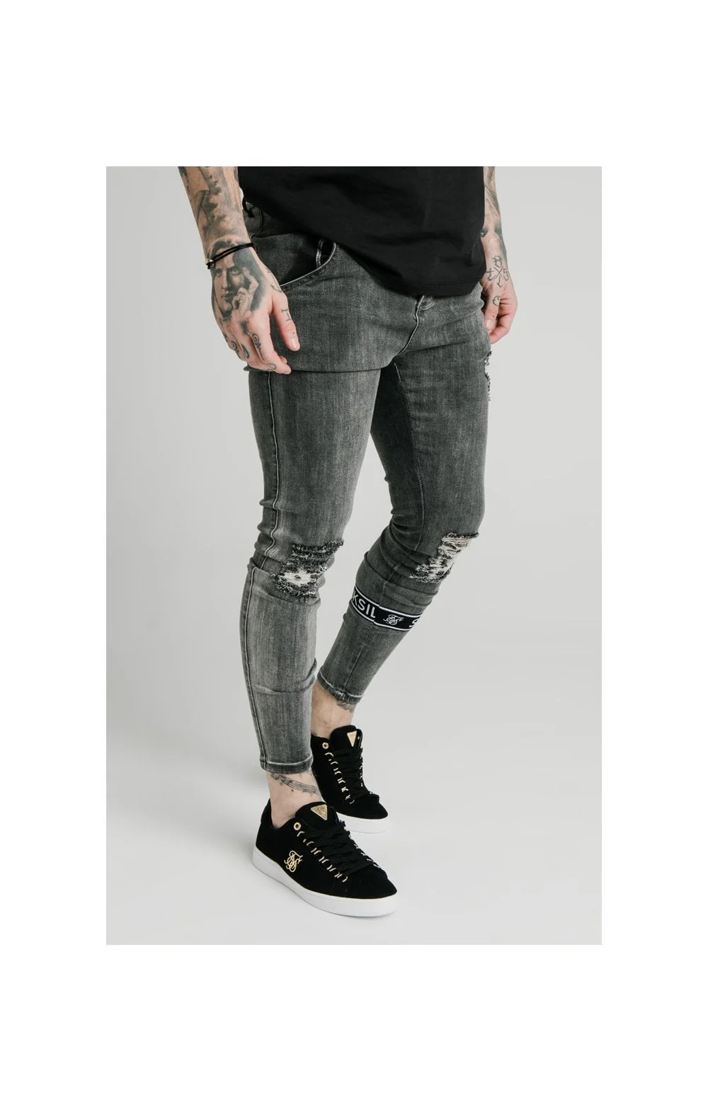 SikSilk Burst Knee Tape Jeans - Washed Black - Image 5