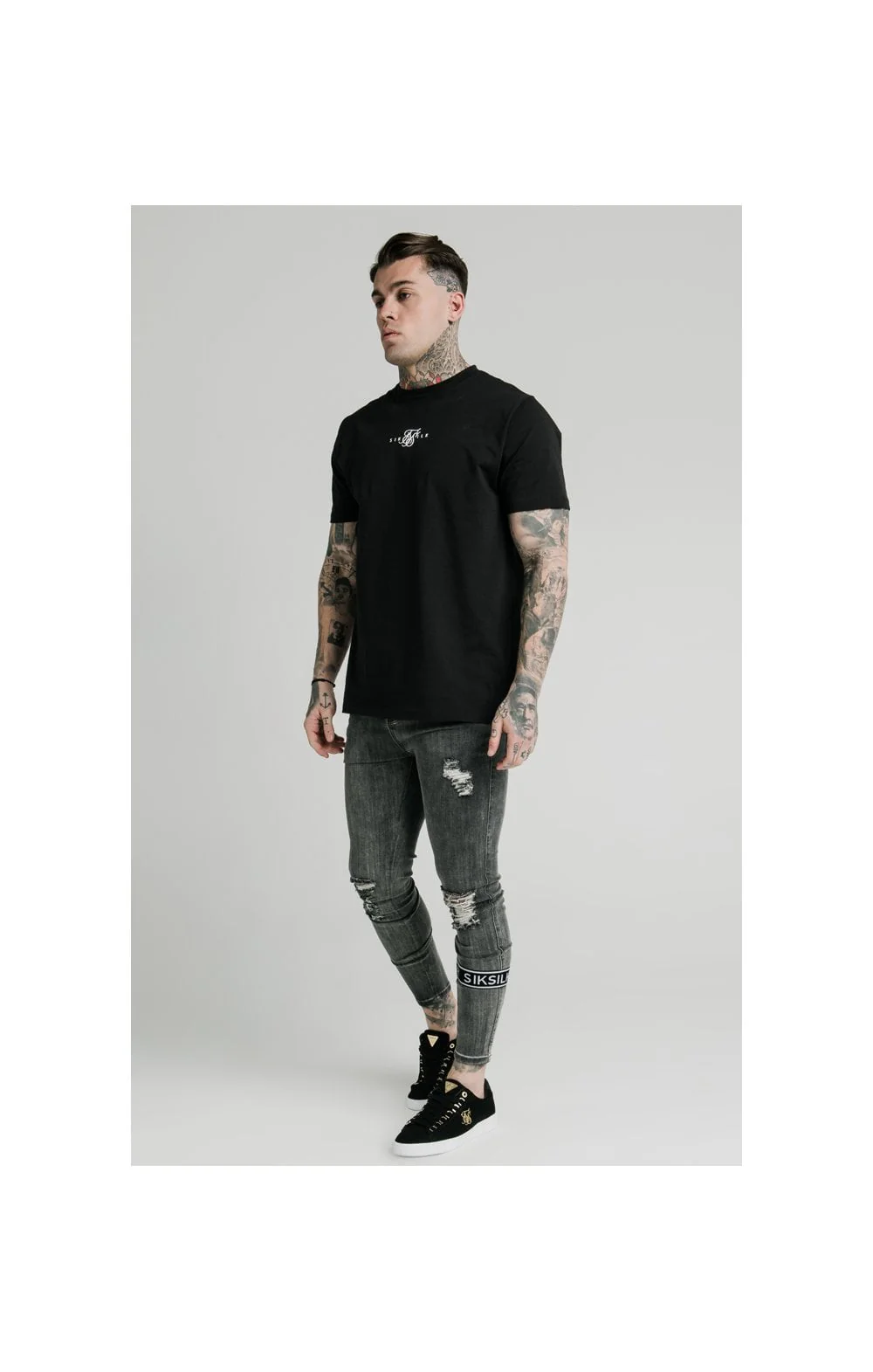 SikSilk Burst Knee Tape Jeans - Washed Black - Image 6