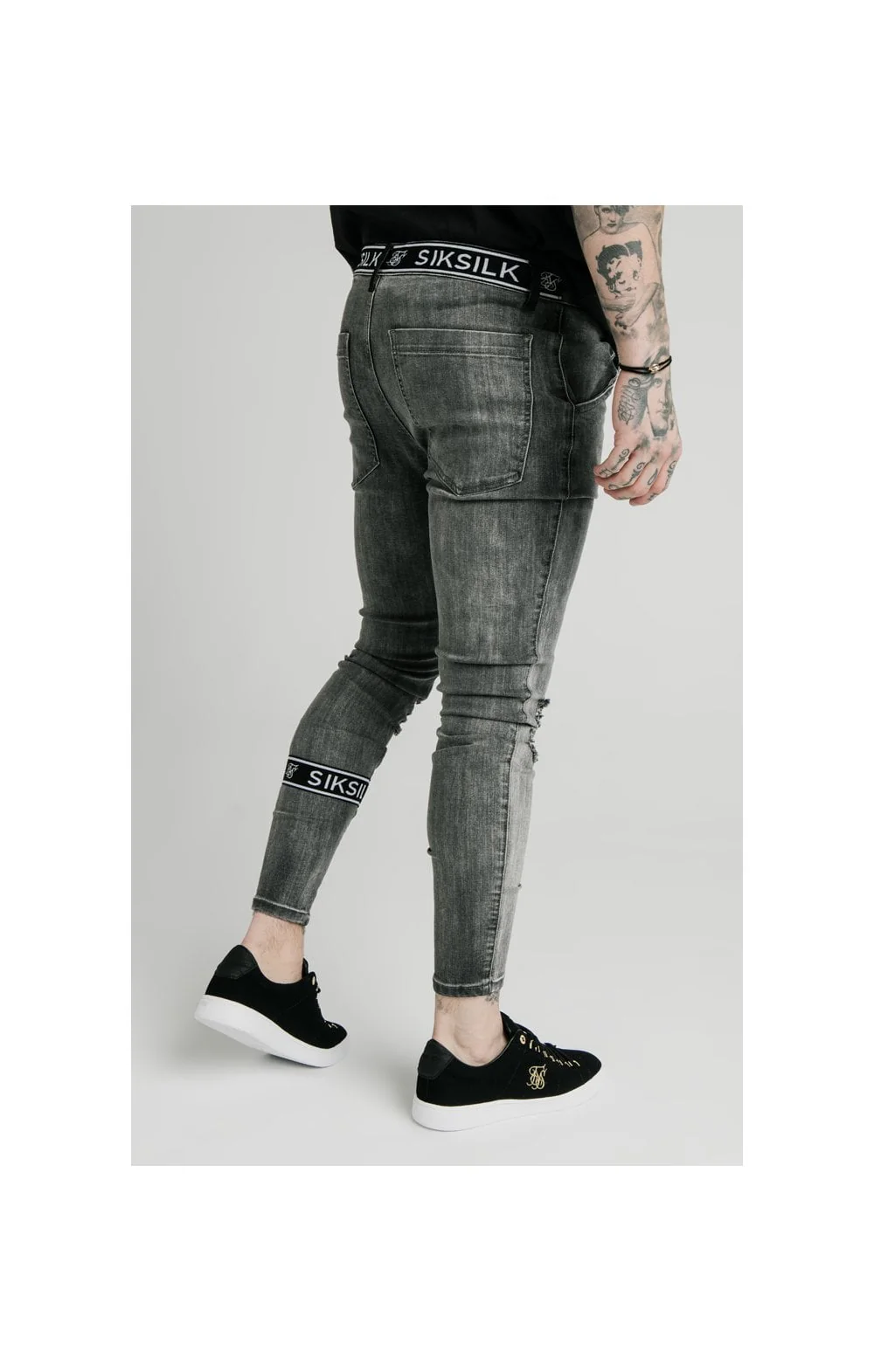 SikSilk Burst Knee Tape Jeans - Washed Black - Image 8
