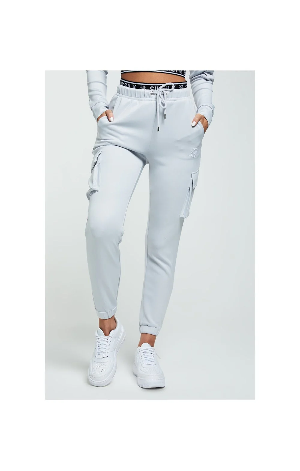 SikSilk Cargo Pocket Joggers - Grey & White - Image 2