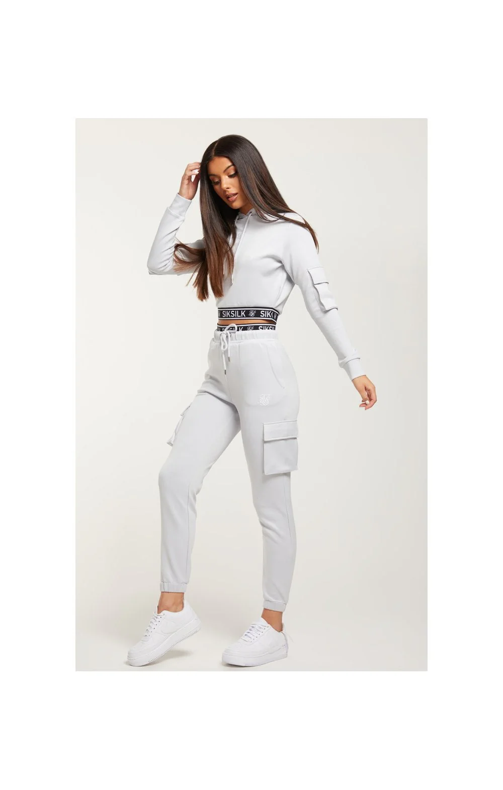 SikSilk Cargo Pocket Joggers - Grey & White - Image 4