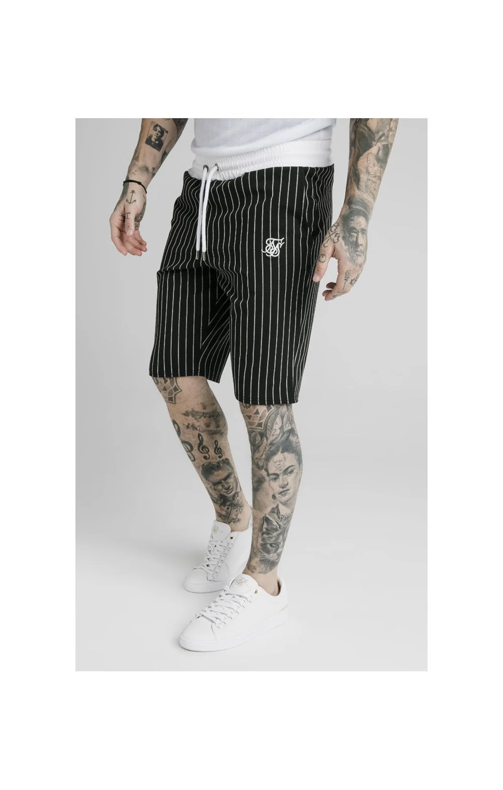 SikSilk Chino Elasticated Long Shorts - Black & White