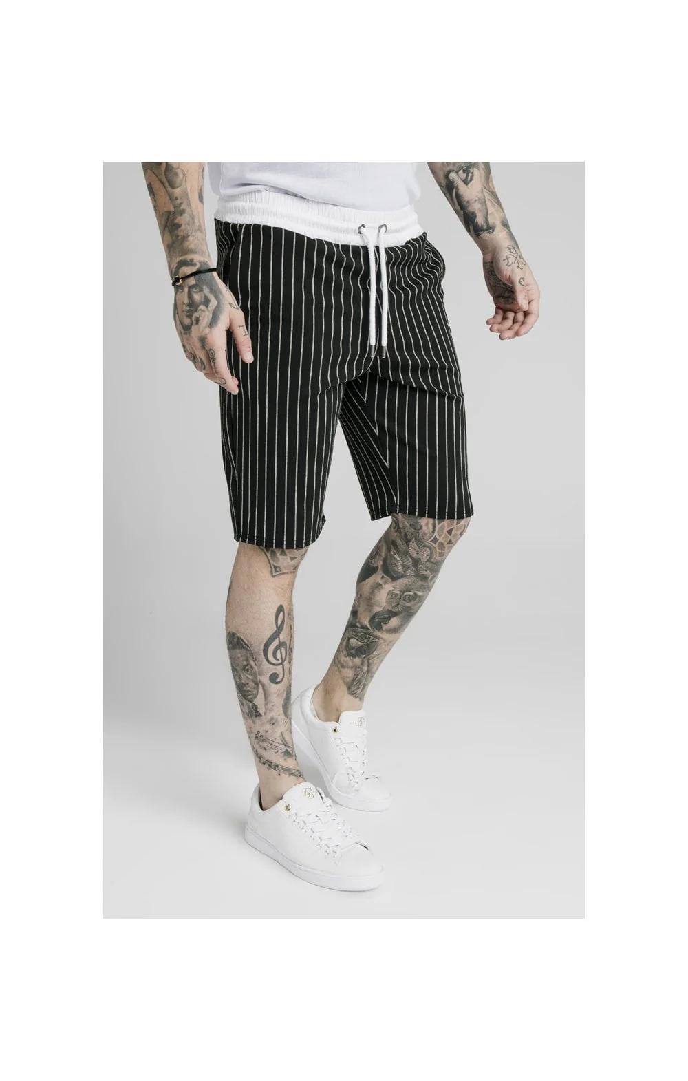 SikSilk Chino Elasticated Long Shorts - Black & White - Image 2