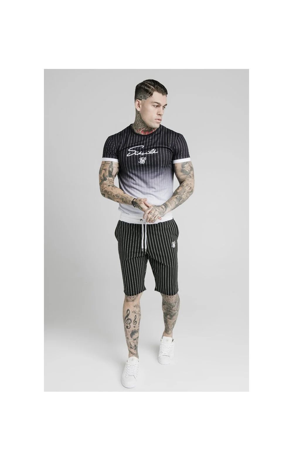 SikSilk Chino Elasticated Long Shorts - Black & White - Image 3