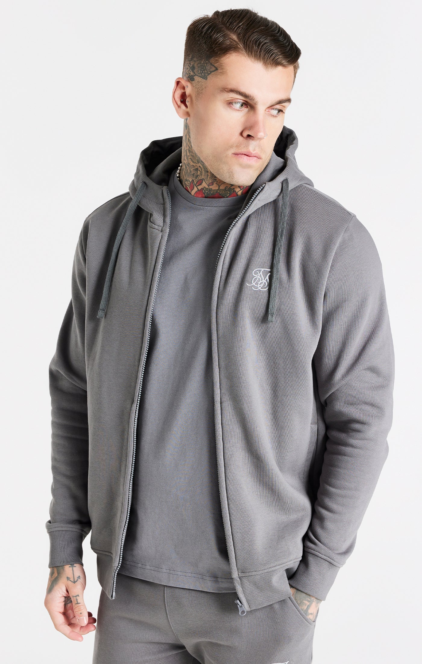 Grey Essential Zip Through Funnel Neck Hoodie