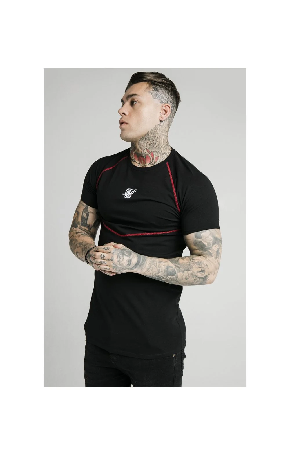 SikSilk Cover Stitch Raglan Gym Tee - Black & Red