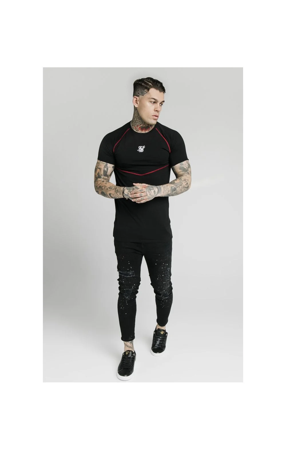 SikSilk Cover Stitch Raglan Gym Tee - Black & Red - Image 5